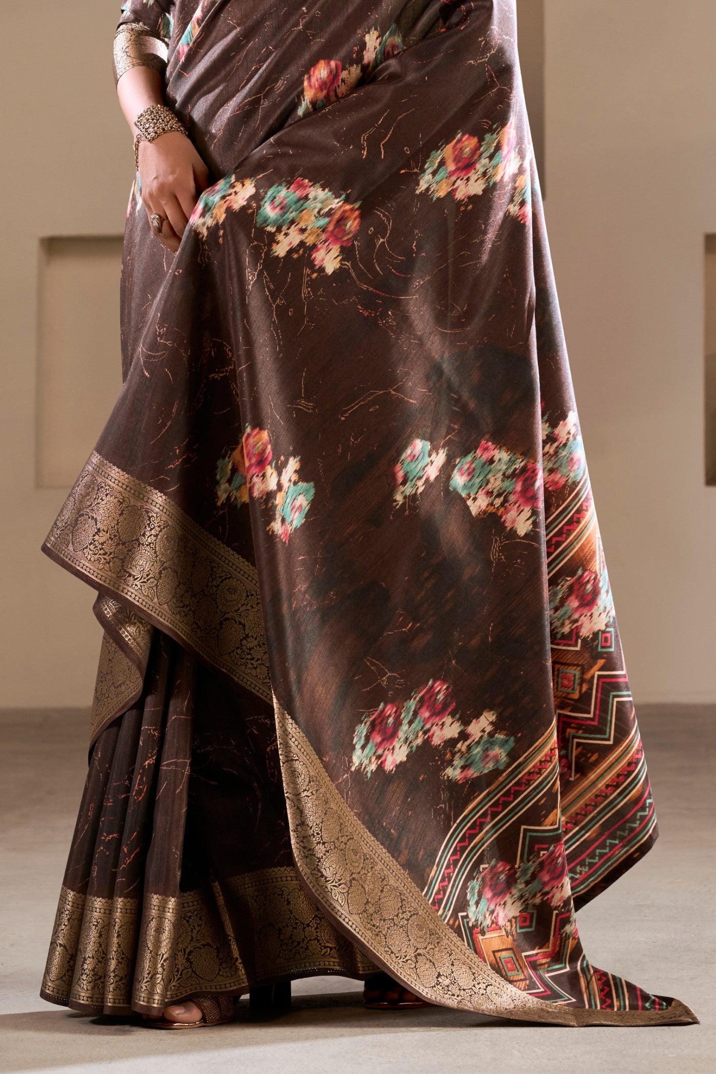 Buy MySilkLove Americano Coffee Brown Printed Soft Dola Silk Saree Online