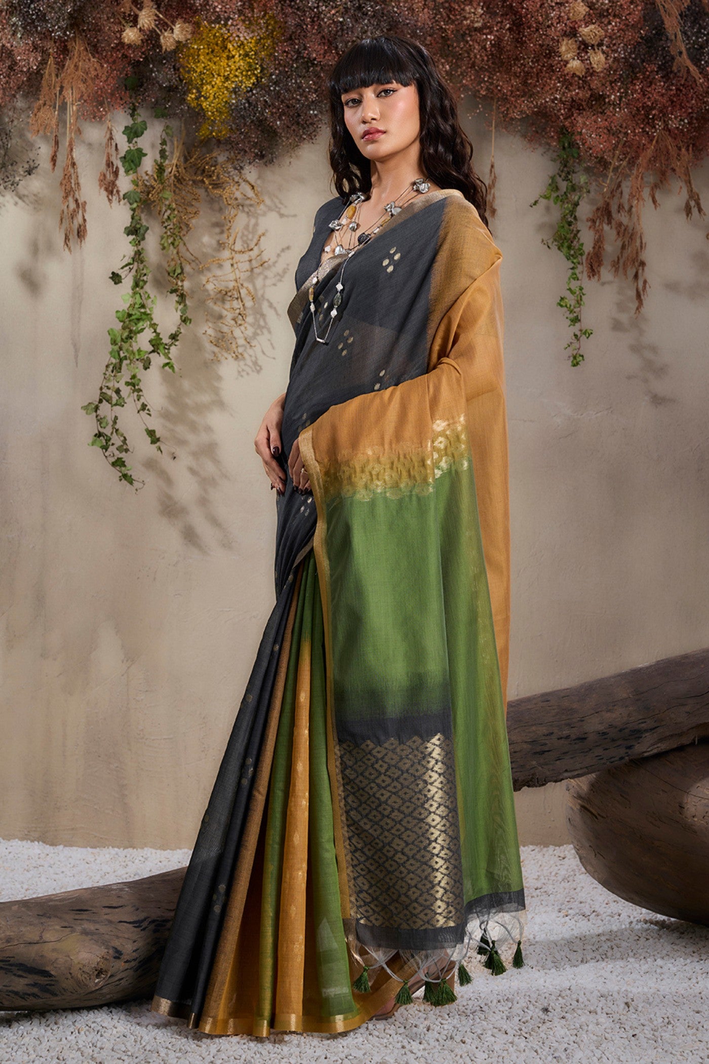 Buy MySilkLove Volcanic Black and Green Handloom Cotton Saree Online
