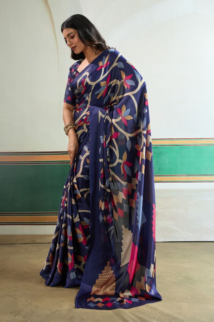Buy MySilkLove Navy Blue Modal Ajrakh Printed Satin Silk Saree Online