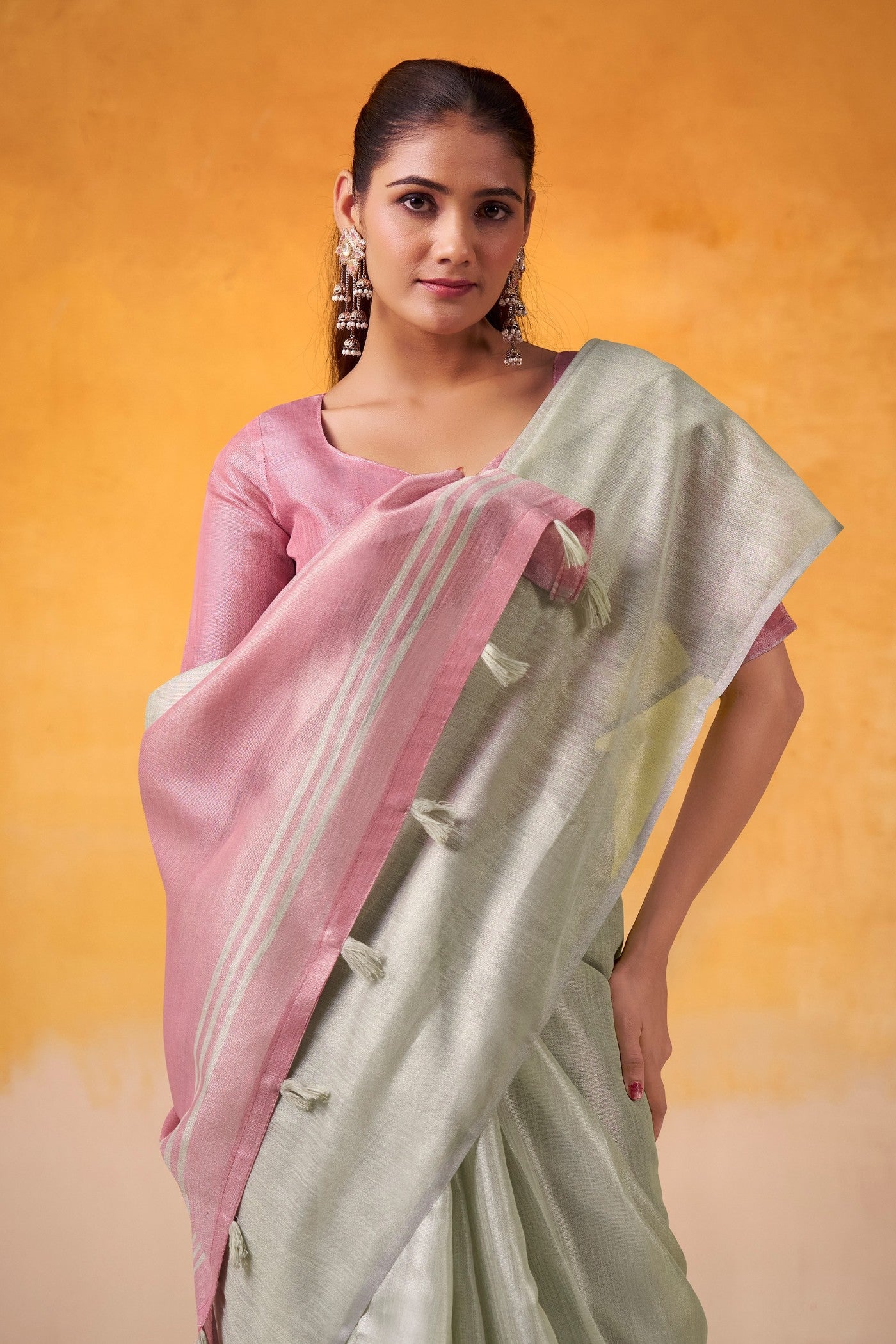 Buy MySilkLove Parchment White and Pink Woven Tissue Silk Saree Online
