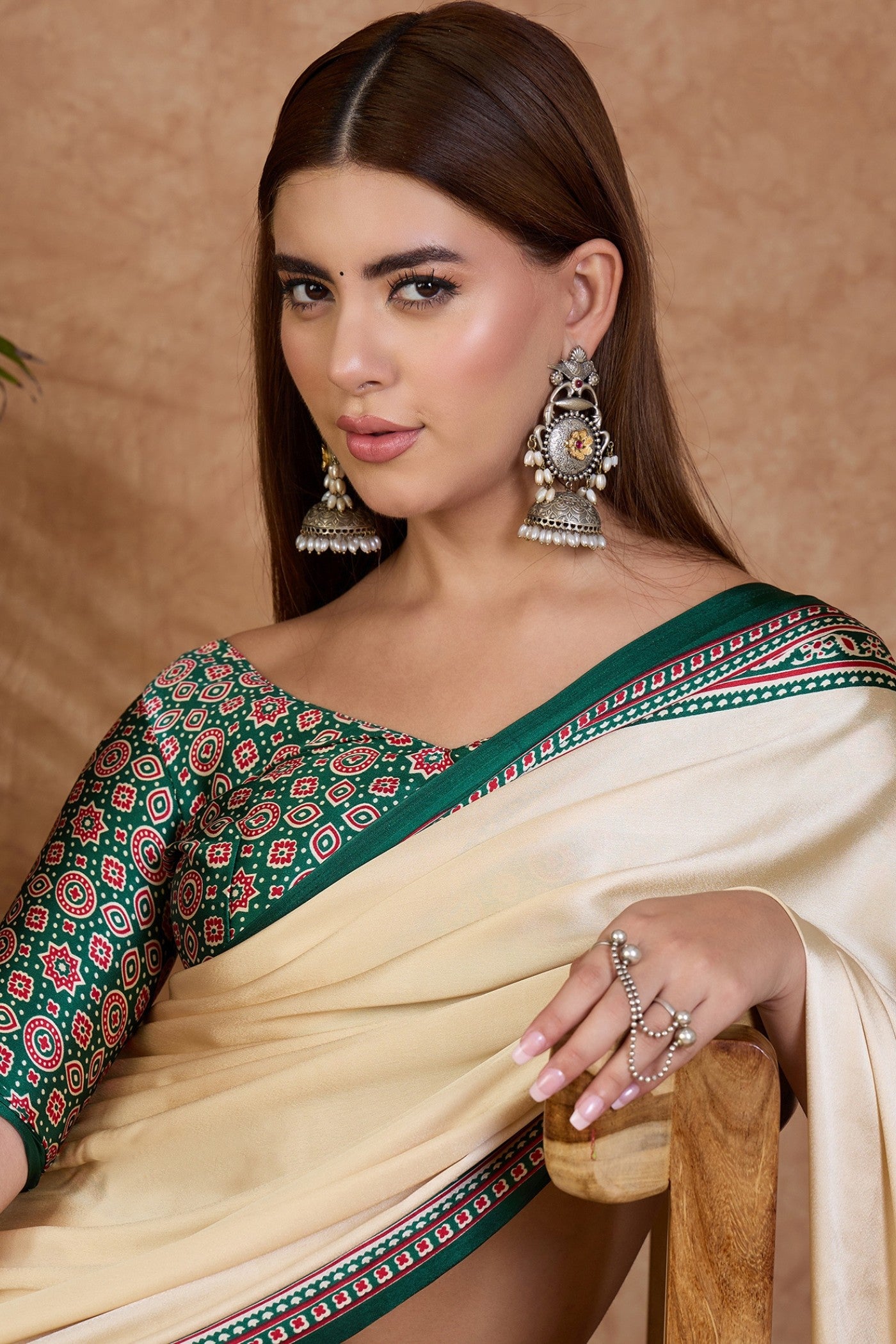 Buy MySilkLove Rice Cream and Green Ajrakh Printed Satin Crepe Silk Saree Online