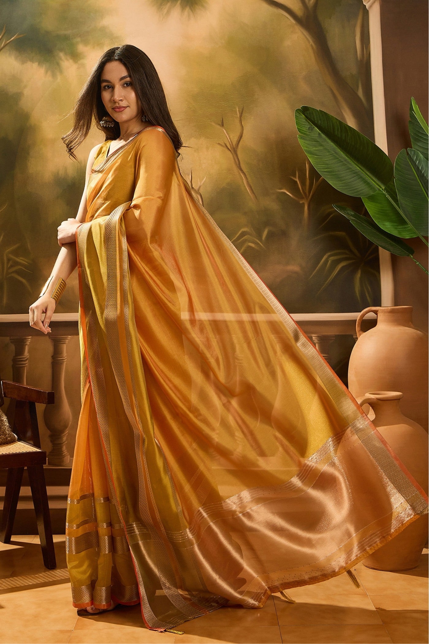 Buy MySilkLove Chrome Yellow Woven Organza Saree Online