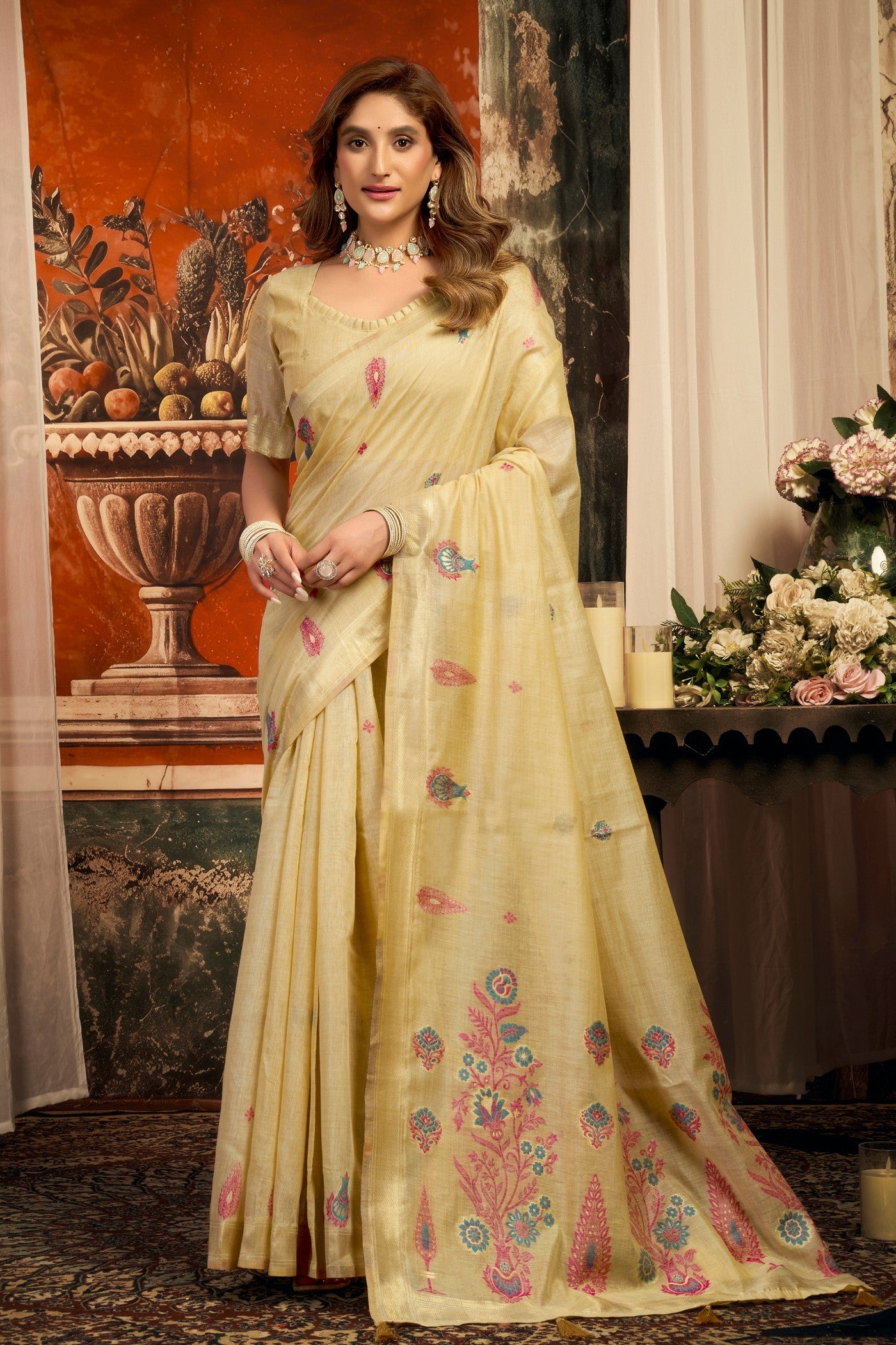 Buy MySilkLove Fluffy Butter Cream Handloom Cotton Saree Online