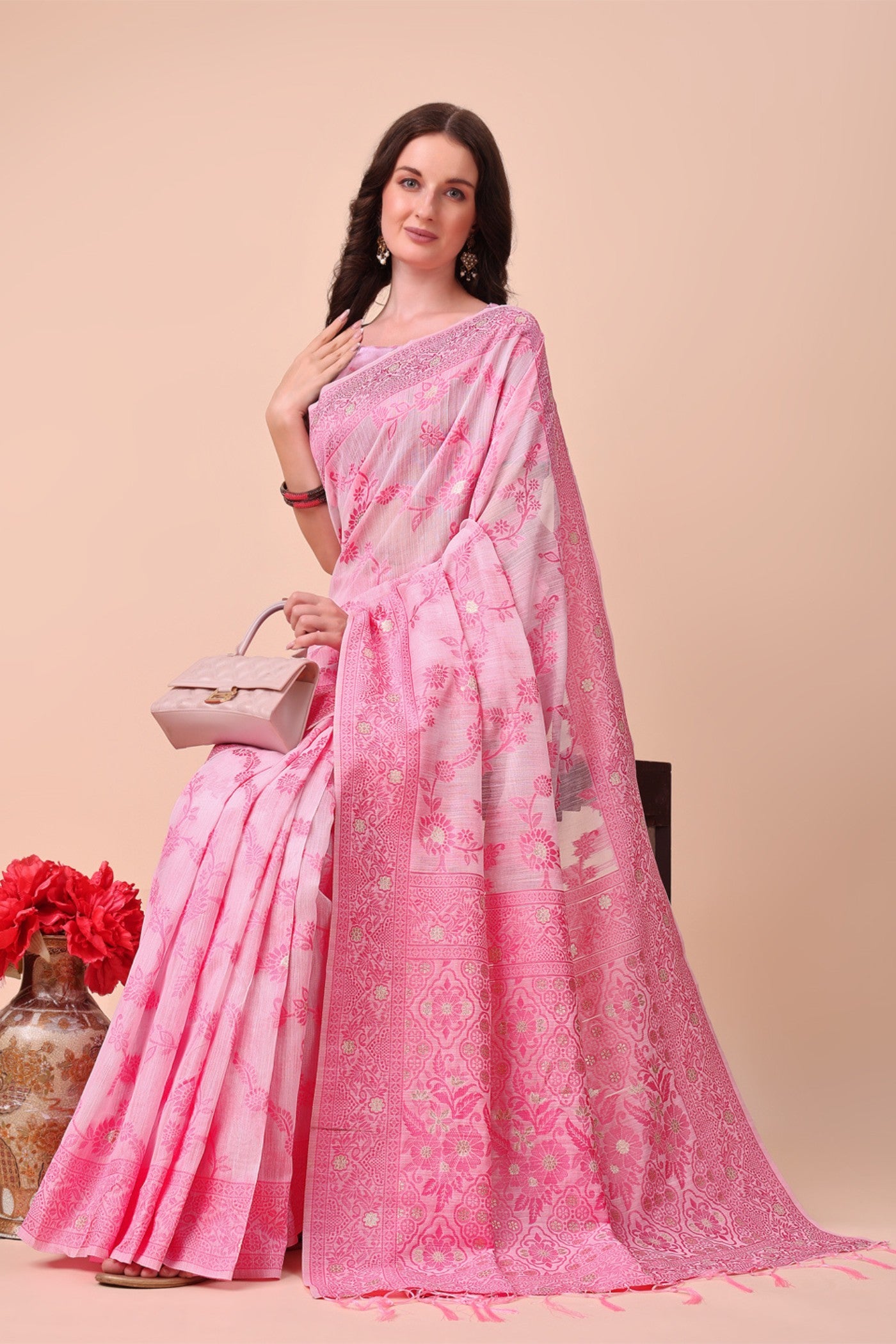 Buy MySilkLove Ballet Slipper Pink Woven Cotton Saree Online