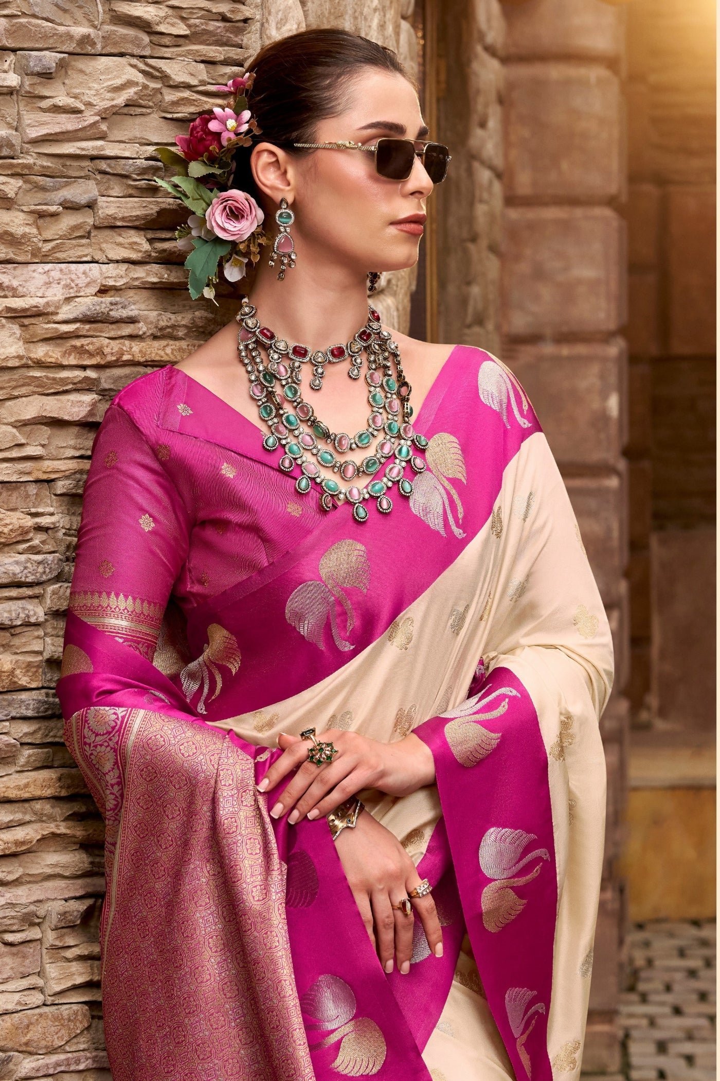 Buy MySilkLove Coffee Cream Woven Satin Soft Silk Saree Online