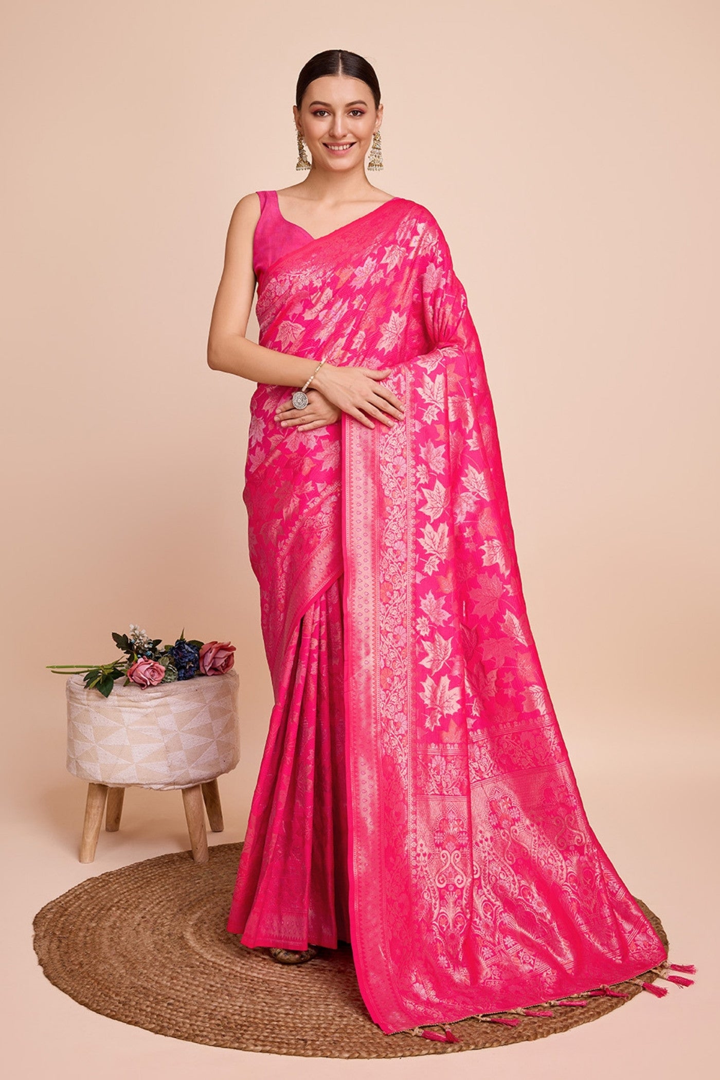Buy MySilkLove Raspberry Pink Banarasi Soft Silk Saree Online