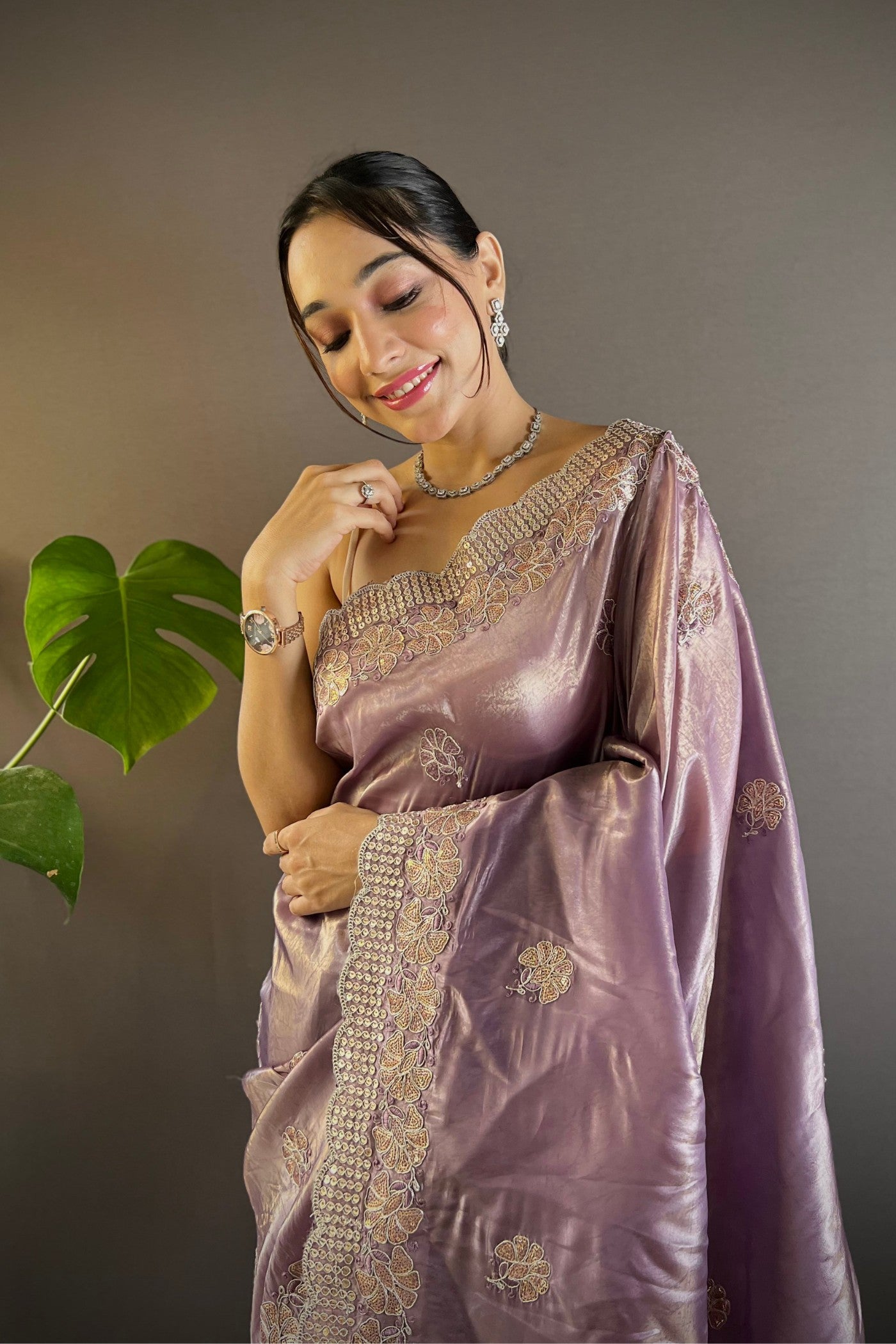 Buy MySilkLove Lilac Luster Purple Embroidered Party Wear Saree Online