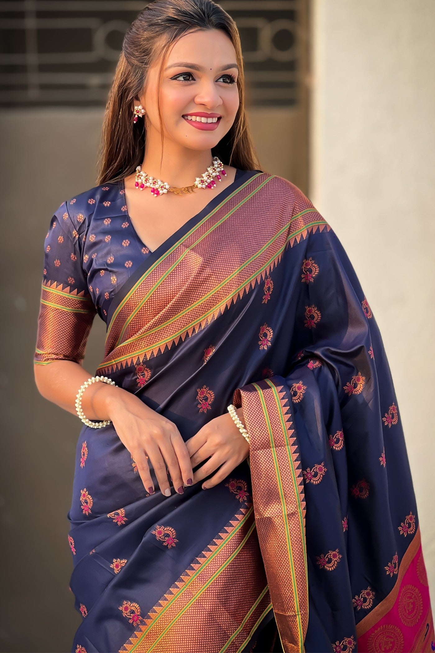 Buy MySilkLove Vulcan Blue Zari Woven Nath Paithani Saree Online