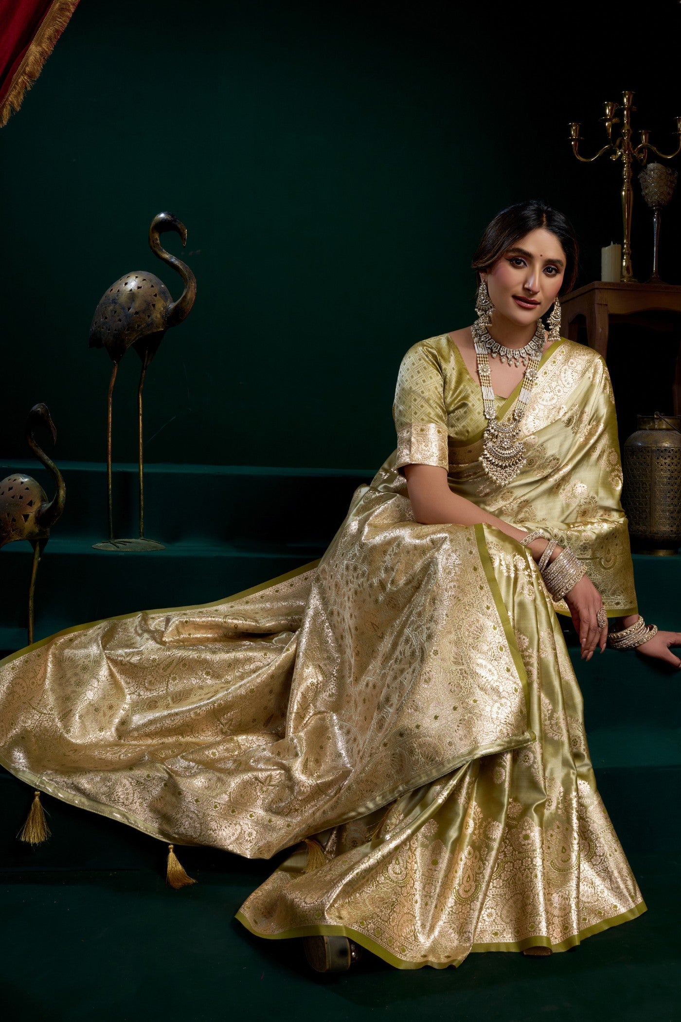 MySilkLove Artichoke Green Banarasi Handloom Satin Soft Silk Saree