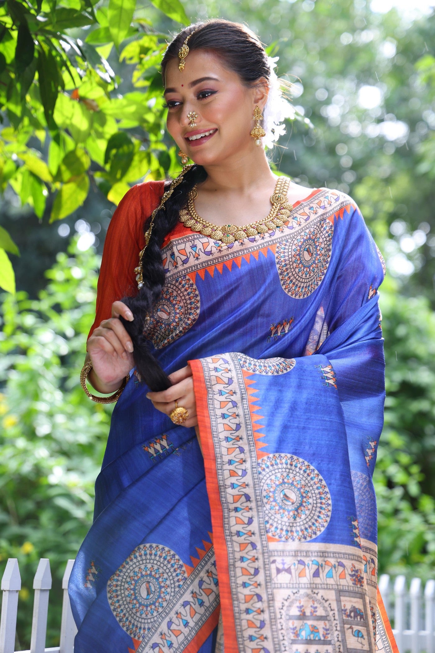 MySilkLove Berkeley Blue Madhubani Tussar Printed Silk Saree