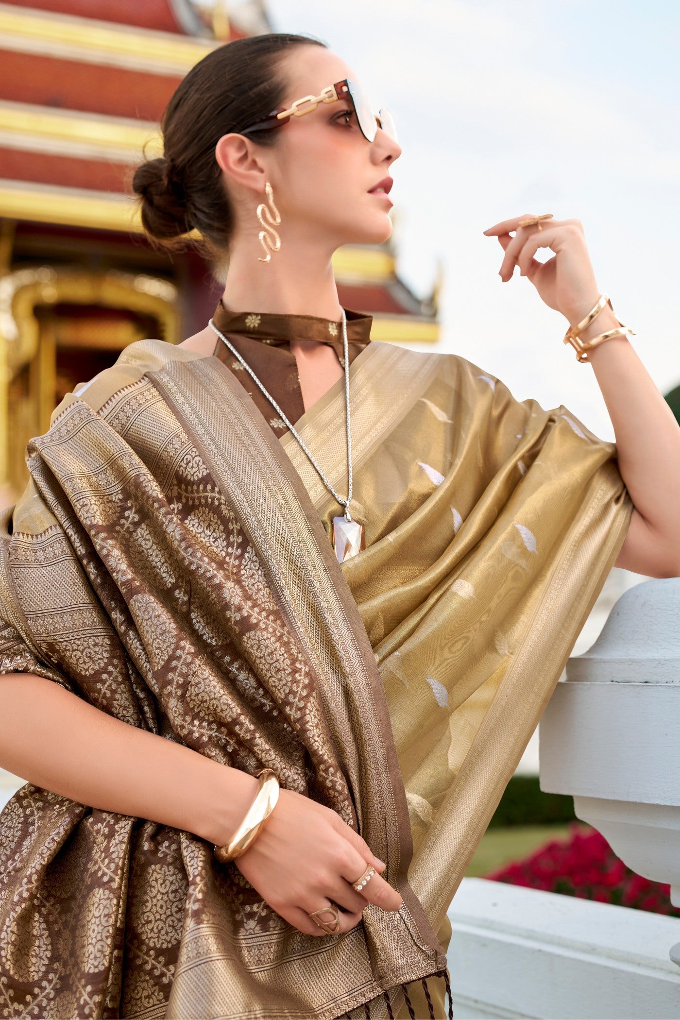 Buy MySilkLove Muesli Brown Tissue Silk Saree Online