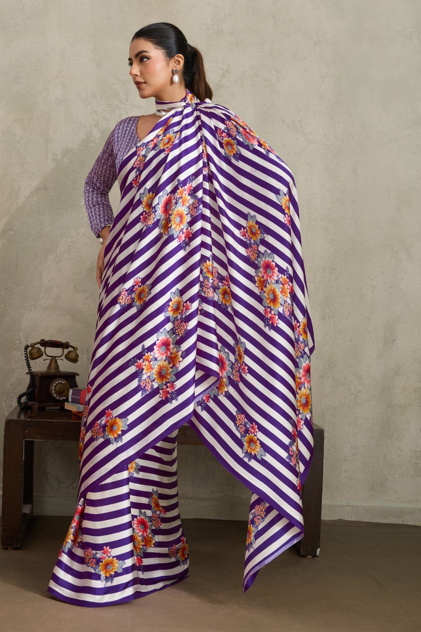 Buy MySilkLove Tacao Purple Ajrakh Printed Satin Crepe Silk Saree Online