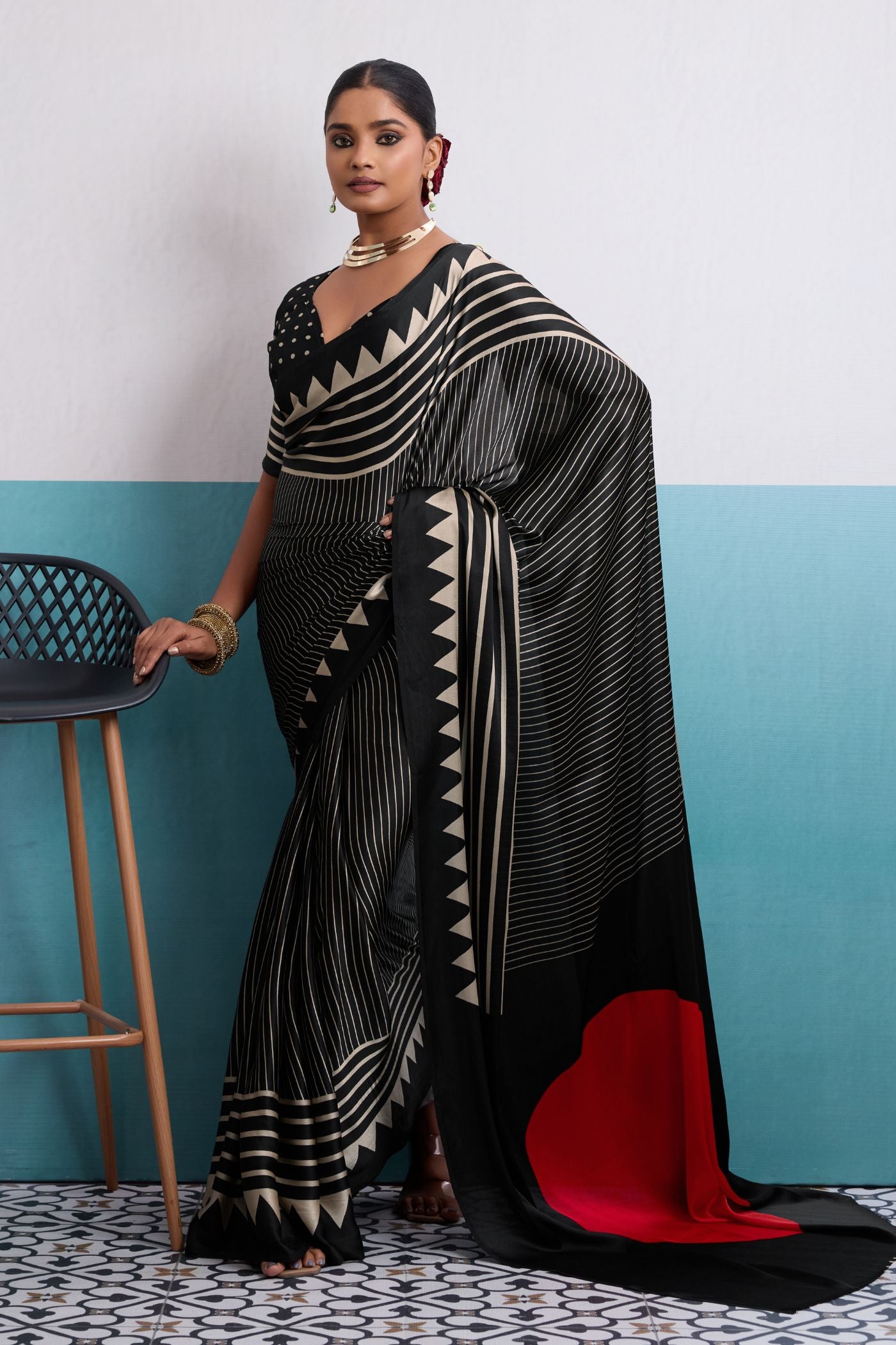Buy MySilkLove Noir Black Stripe Ajrakh Printed Satin Crepe Silk Saree Online