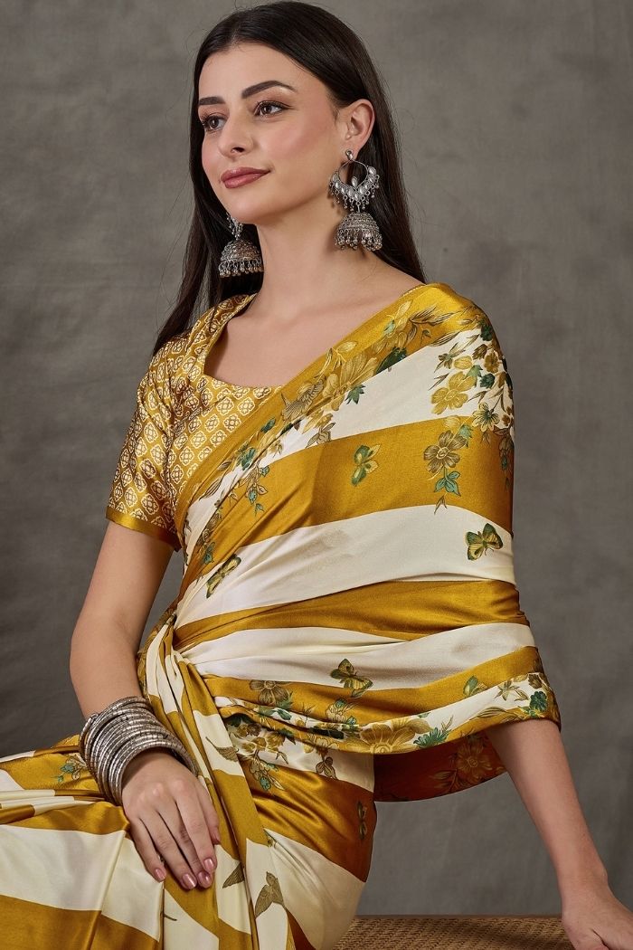 Buy MySilkLove Tulip Yellow Stripe Printed Floral Satin Gaji Silk Saree Online
