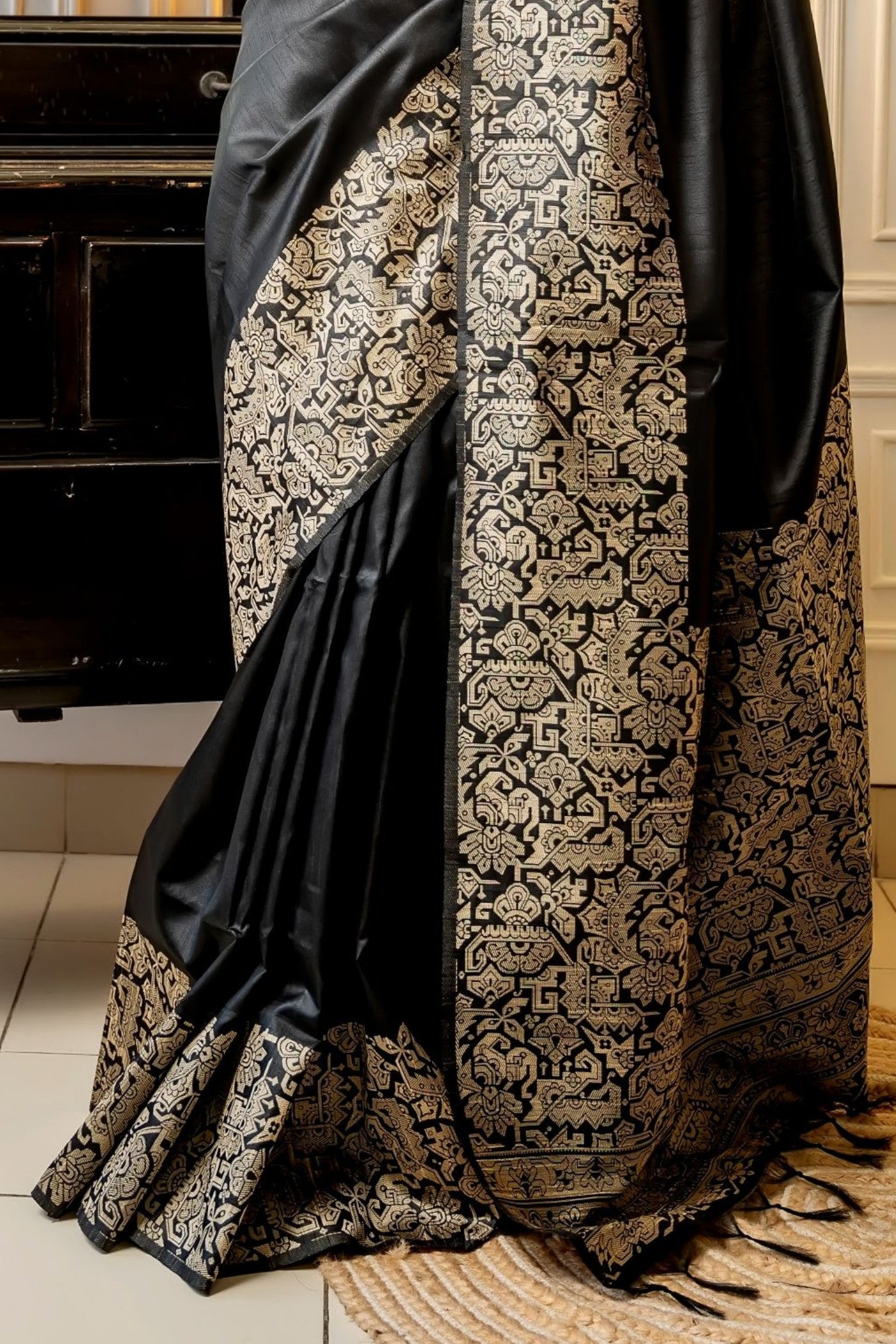 Buy MySilkLove Raisin Black Banarasi Handloom Raw Silk Saree Online