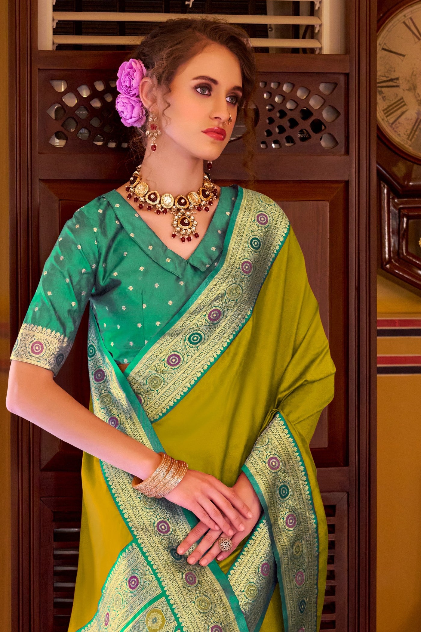 Buy MySilkLove Kelly Green Woven Banarasi Soft Silk Saree Online