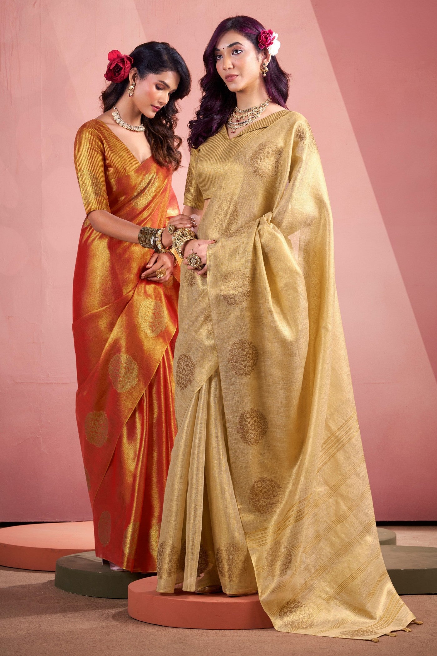 Buy MySilkLove Cider Orange Zari Woven Tisssue Saree Online