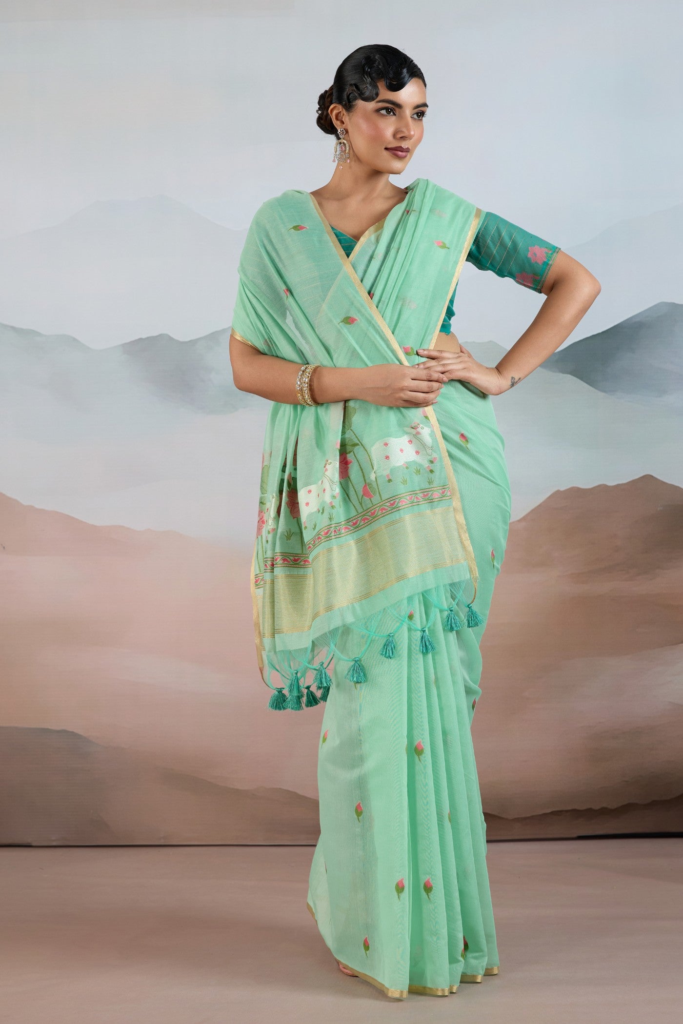 Buy MySilkLove Spring Green Cotton Handloom Pichwai Saree Online
