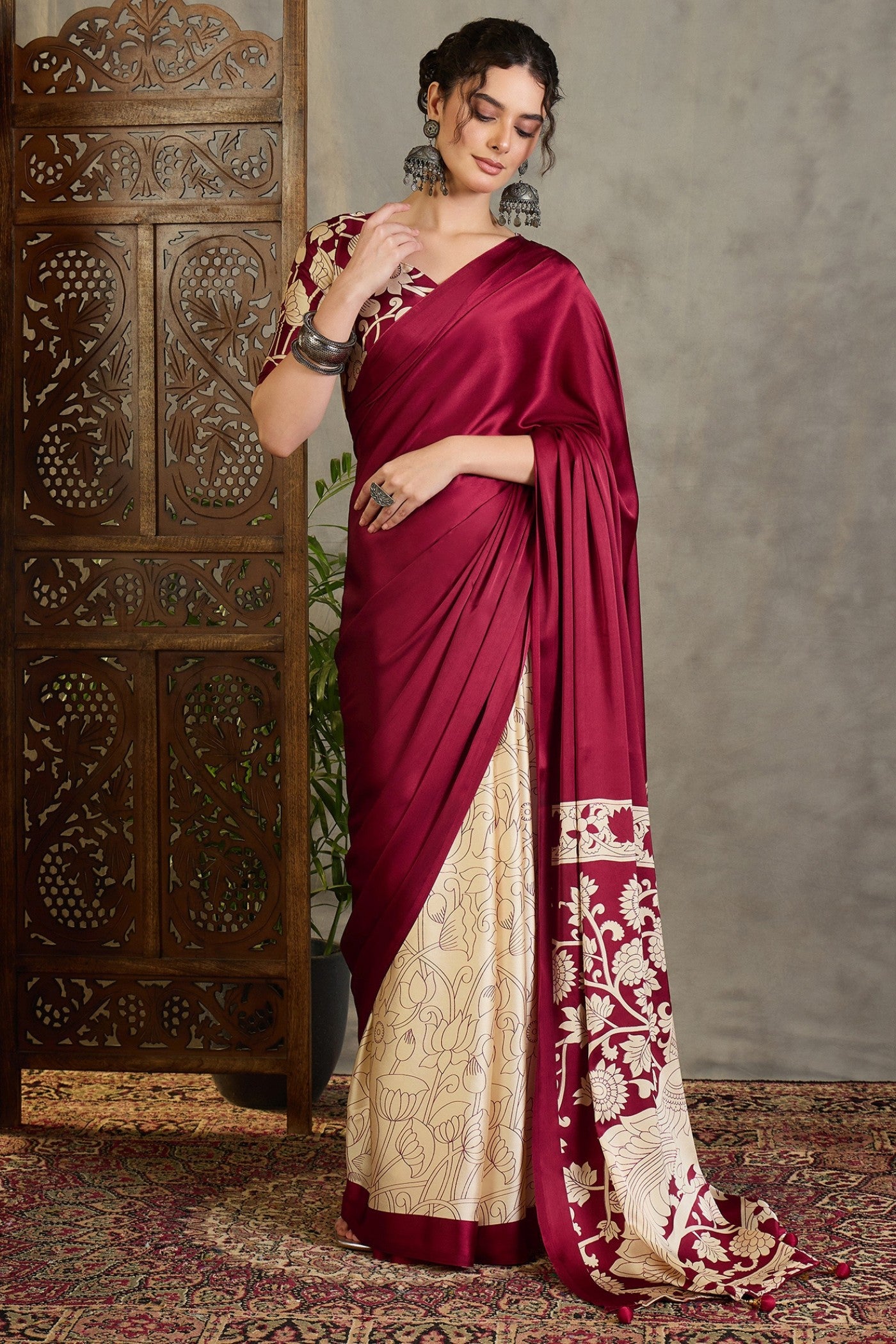 Buy MySilkLove Vintage Maroon Kalamkari Printed Satin Silk Saree Online