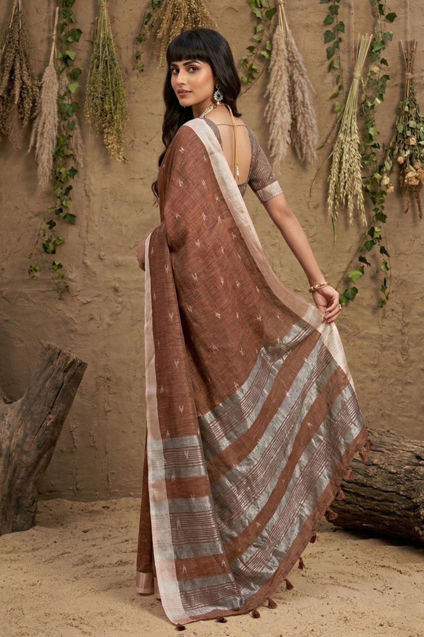 Buy MySilkLove Dark Wood Brown Woven Linen Cotton Saree Online