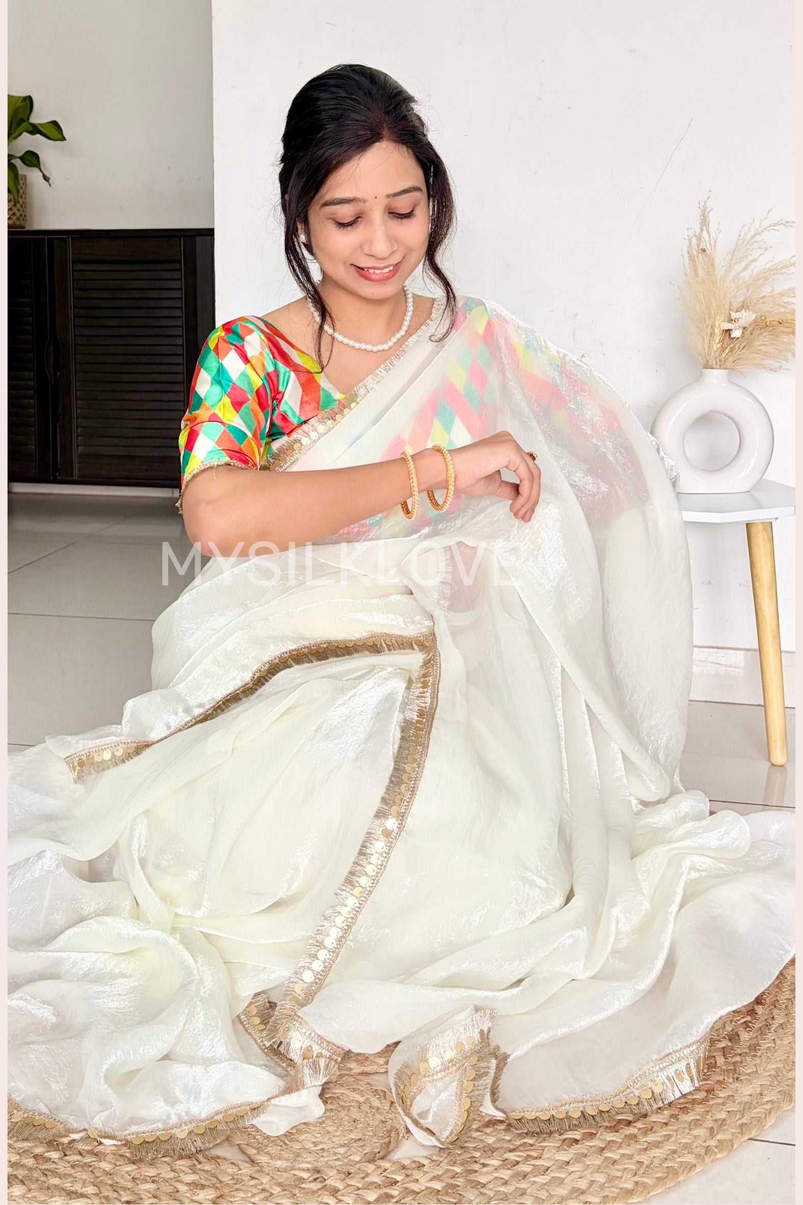 Buy MySilkLove Alabaster White Fancy Tissue Lace Saree With Printed Blouse Online