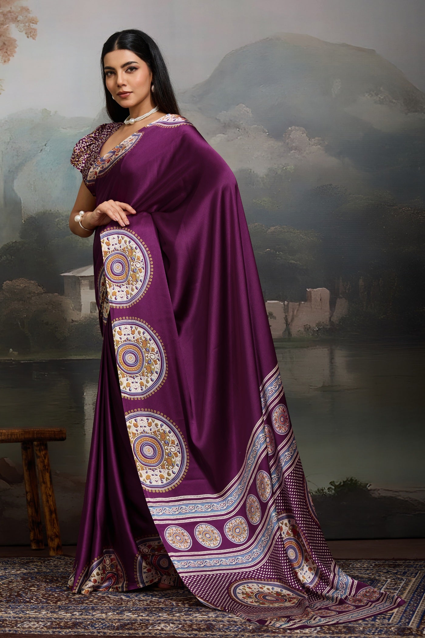 Buy MySilkLove Tacao Purple Modal Ajrakh Printed Silk Saree Online