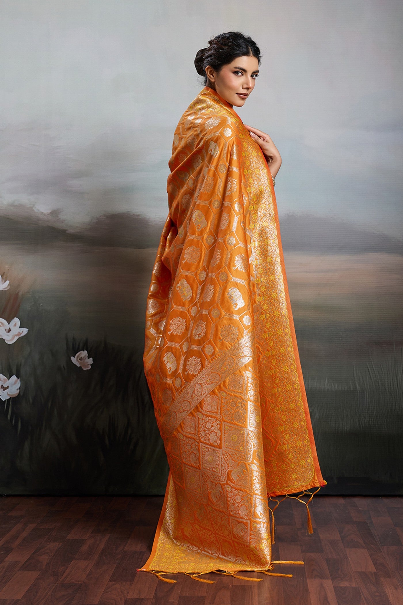 Buy MySilkLove Gold Yellow Woven Banarasi Soft Silk Saree Online