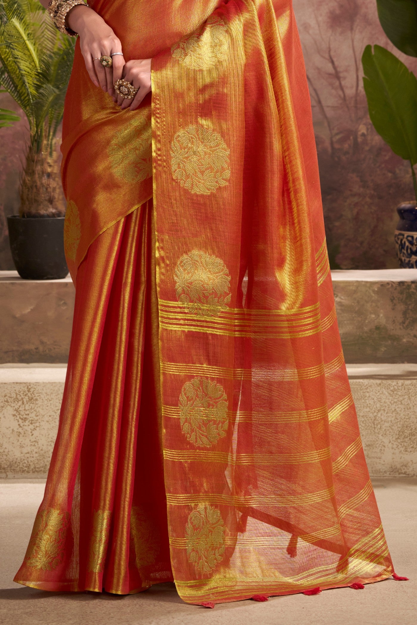 Buy MySilkLove Cider Orange Woven Tissue Saree Online