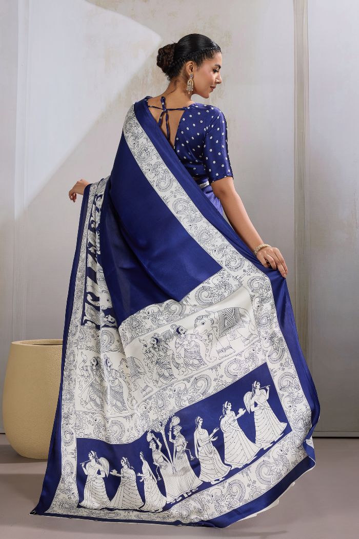 Buy MySilkLove Royal Blue Modal Ajrakh Printed Satin Silk Saree Online