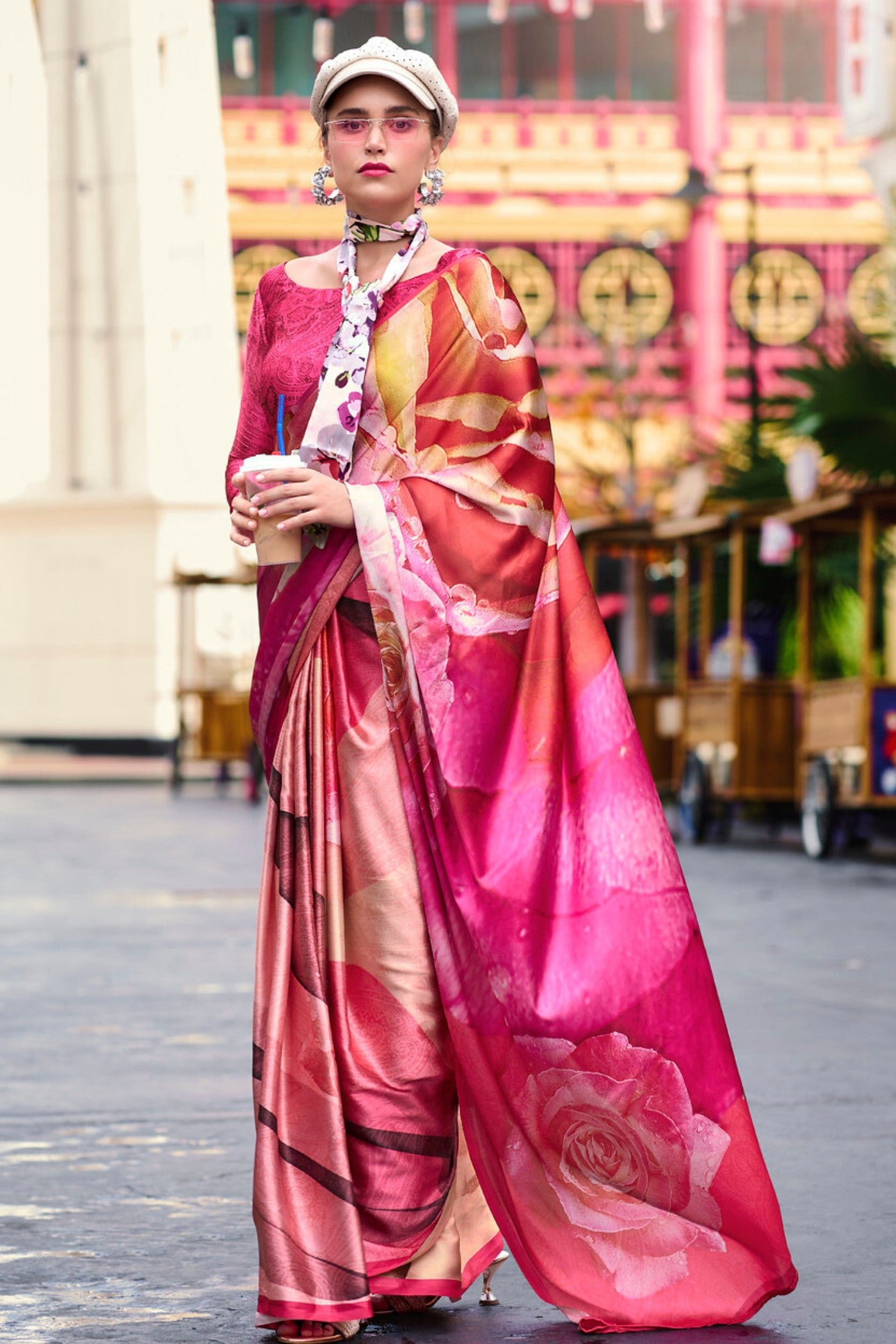 Purple & Red Readymade Crepe Silk Saree