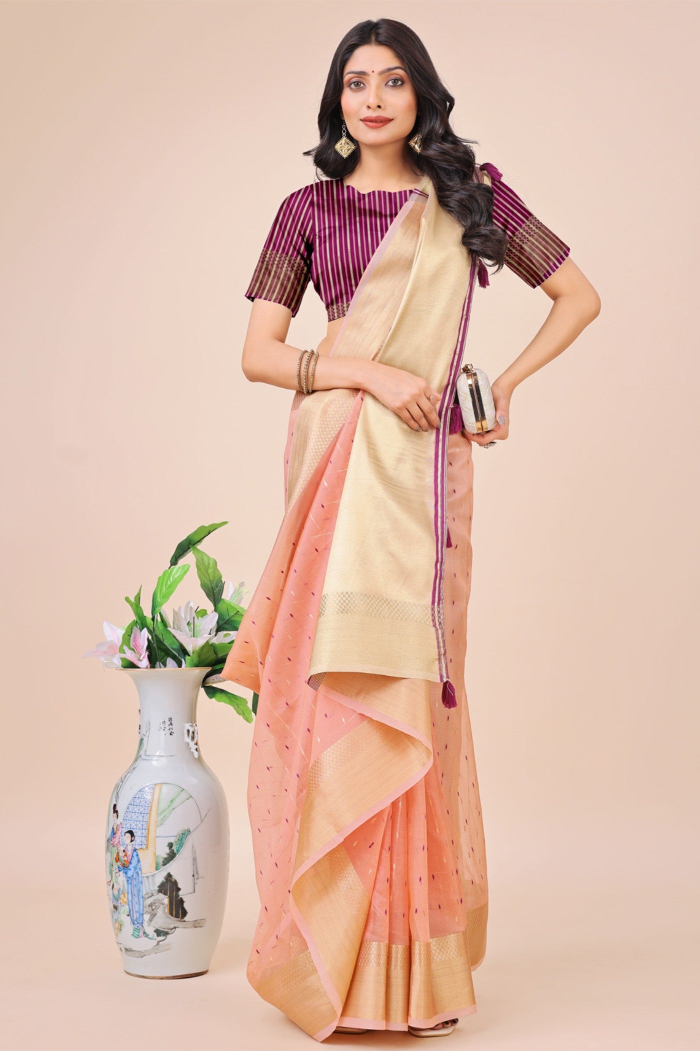 Buy MySilkLove Melon Peach Woven Organza Saree Online