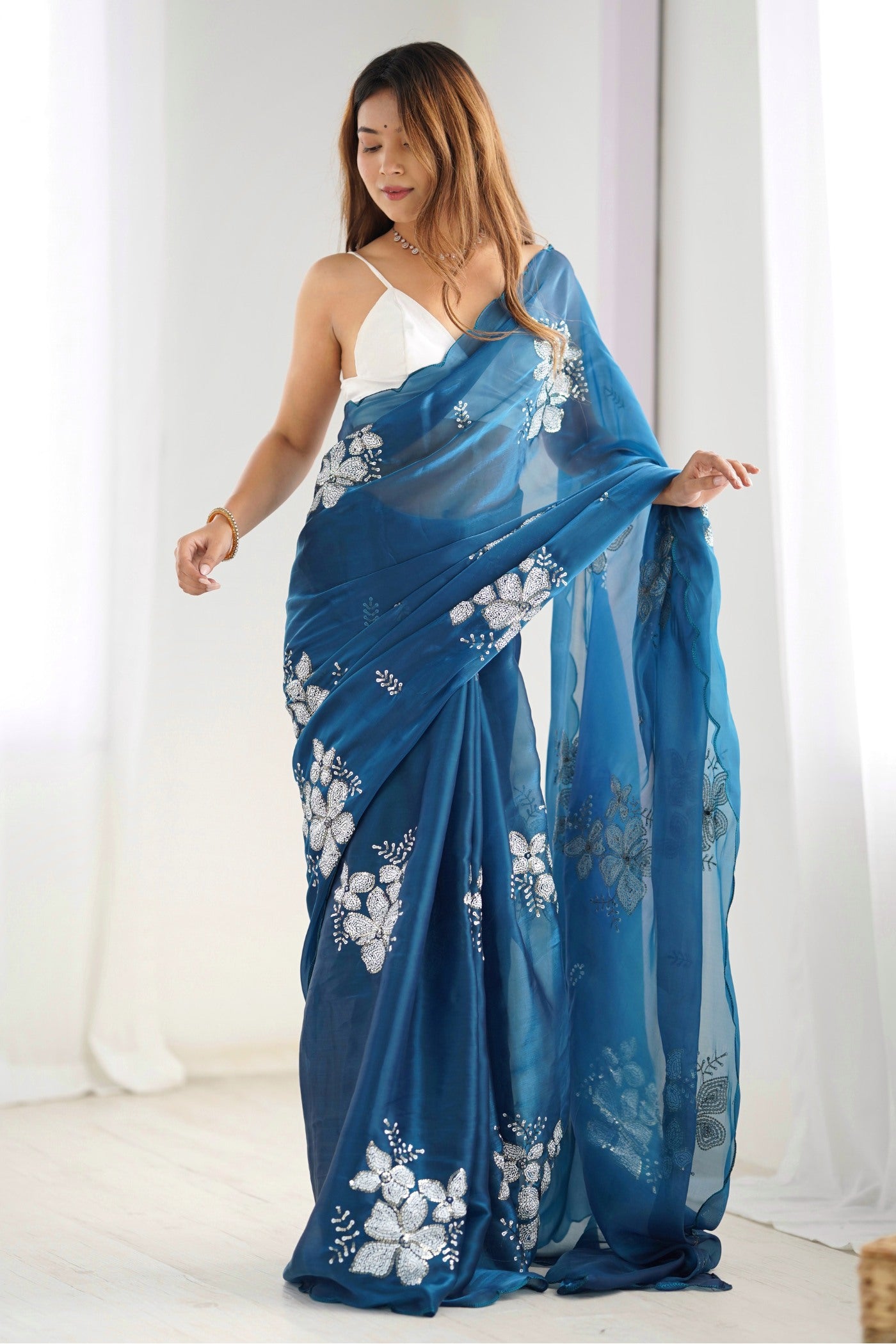Buy MySilkLove Slate Blue Floral Partywear Saree Online