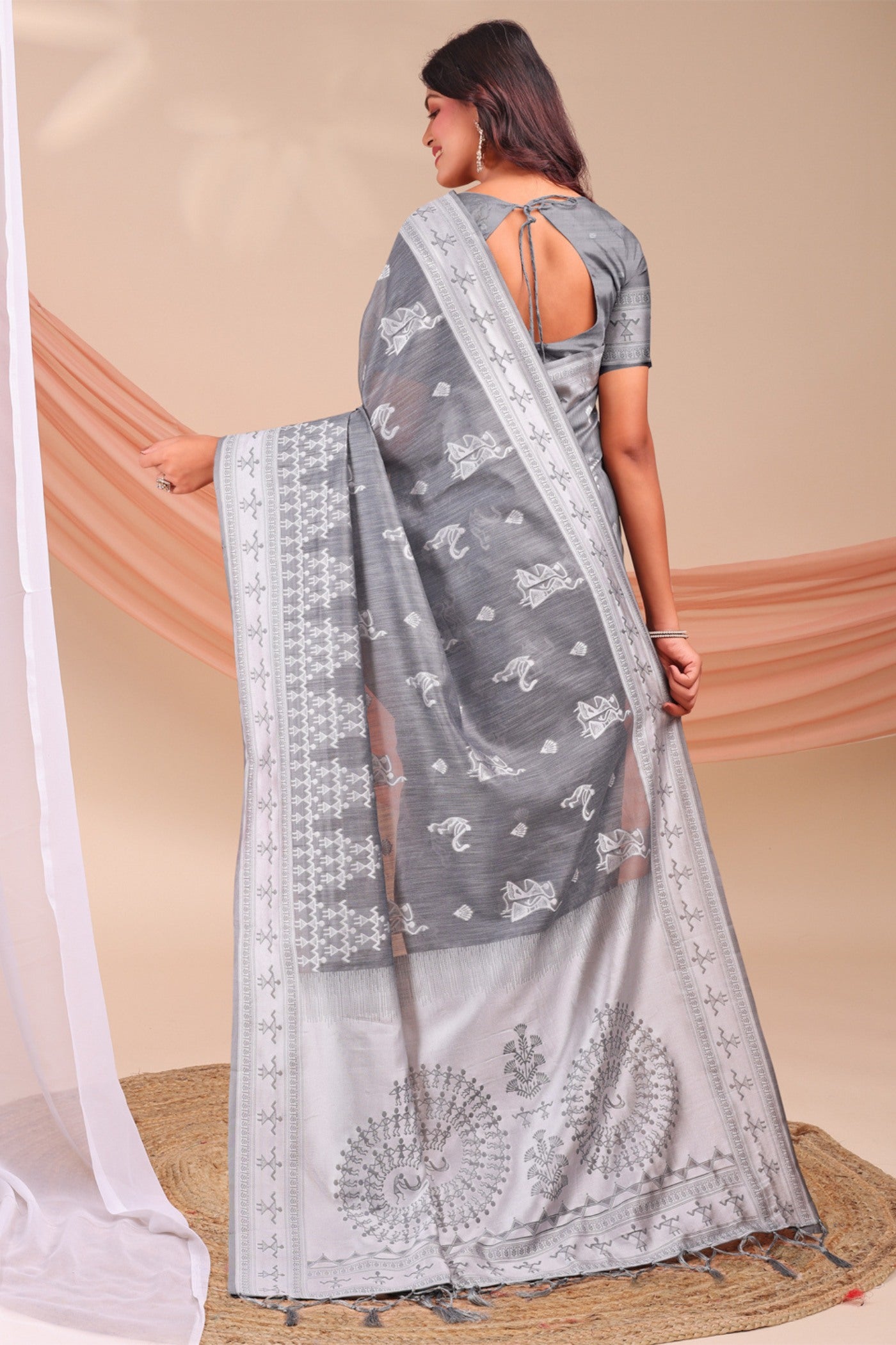 Buy MySilkLove Coral Grey Woven Linen Cotton Saree Online