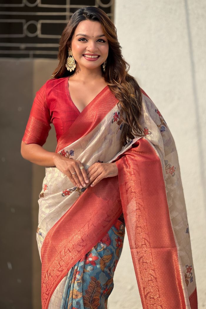 Buy MySilkLove Fawn Cream and Red Woven Cotton Saree Online