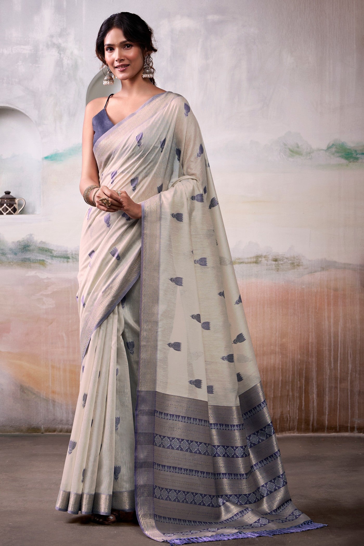 Buy MySilkLove Off White Woven Modal Cotton Saree Online
