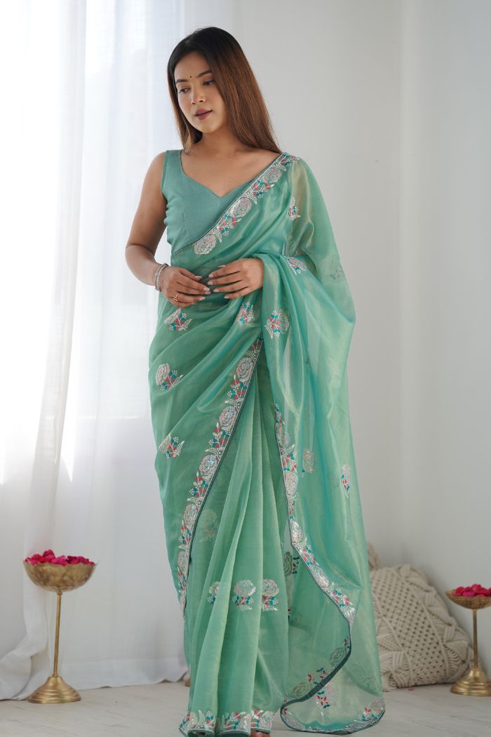 Buy MySilkLove Persian Green Partywear Net saree Online