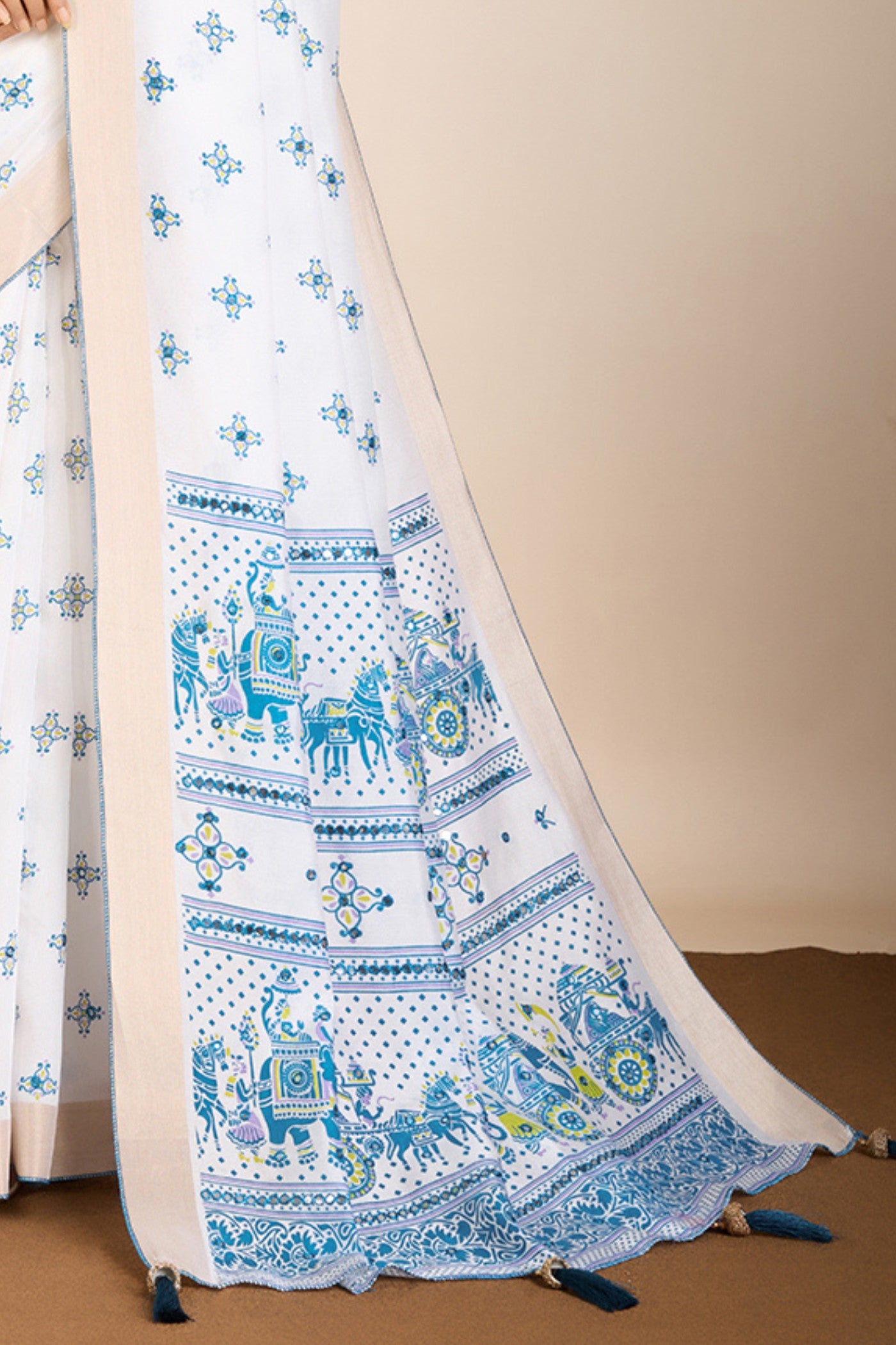 Buy MySilkLove Frost White and Blue Printed Cotton Designer Saree Online
