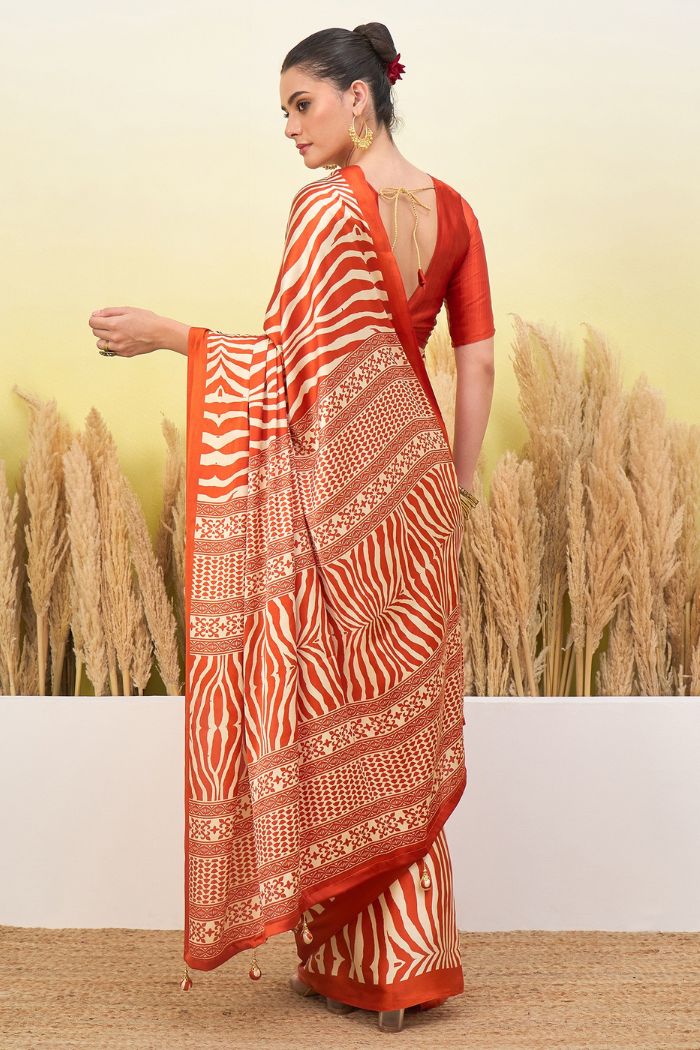 Buy MySilkLove Sunset Orange Modal Ajrakh Satin Printed Silk Saree Online