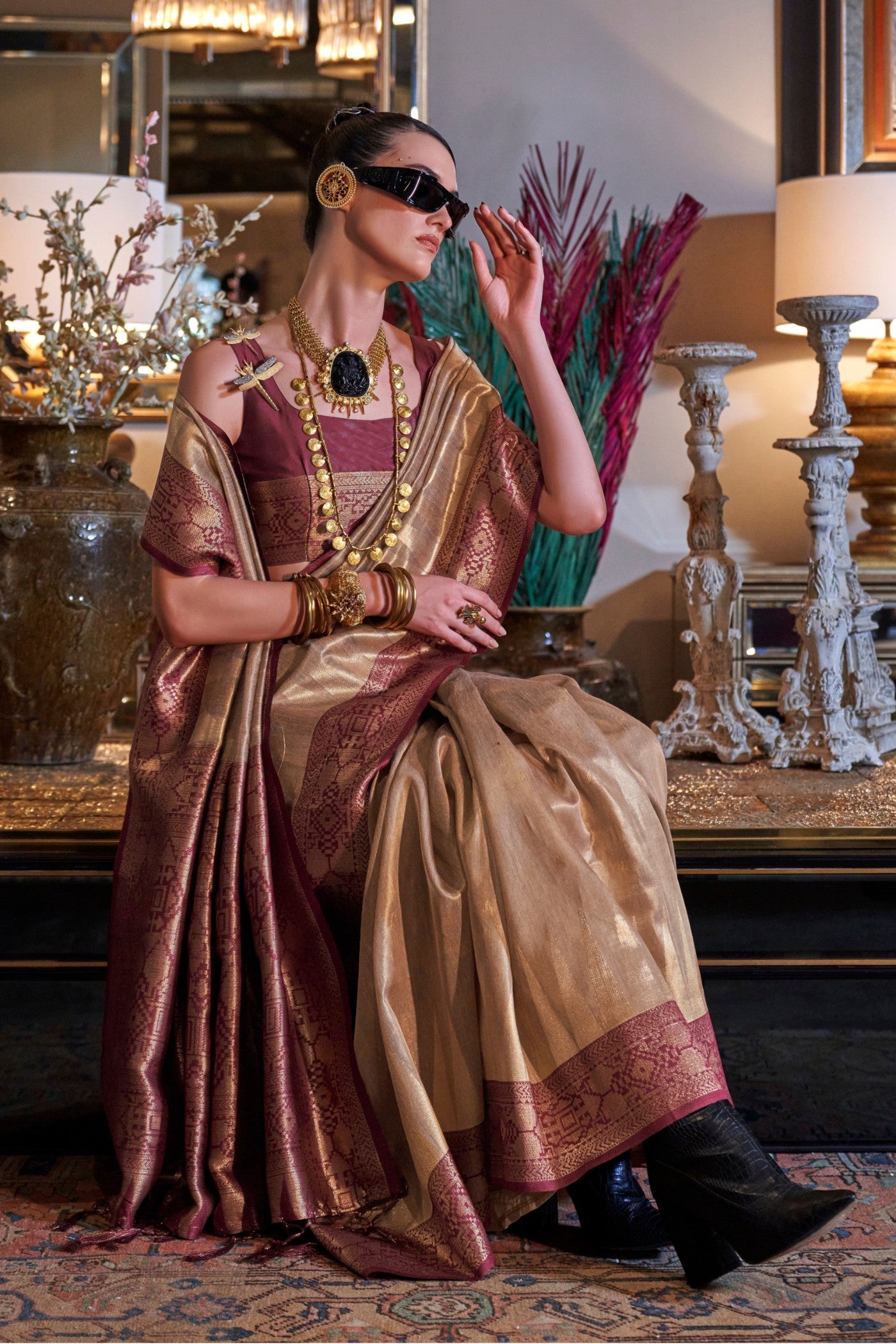 Buy MySilkLove Coca Brown Woven Tissue Silk Saree Online