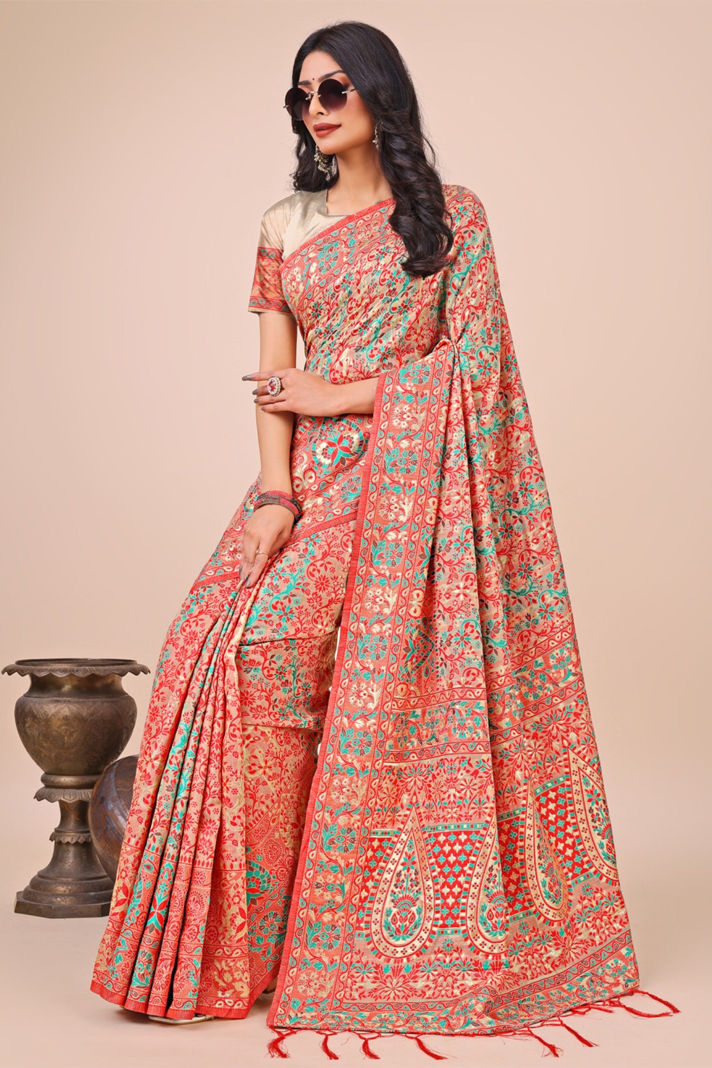 Buy MySilkLove Mandy Peach Woven Pashmina Saree Online