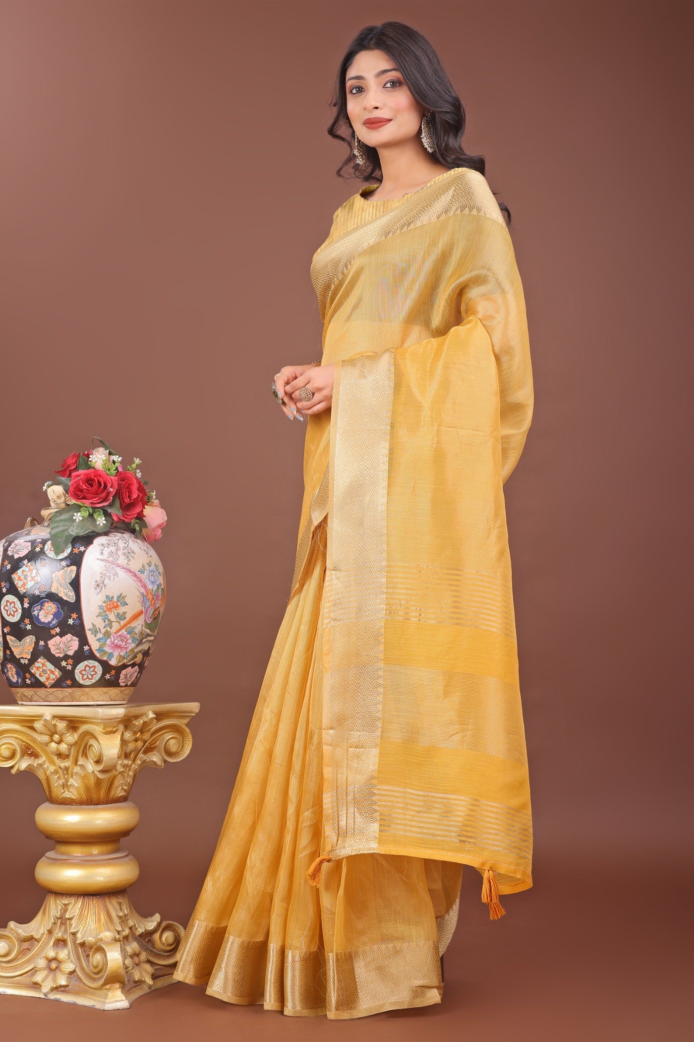 Buy MySilkLove Gold Yellow Woven Organza Saree Online