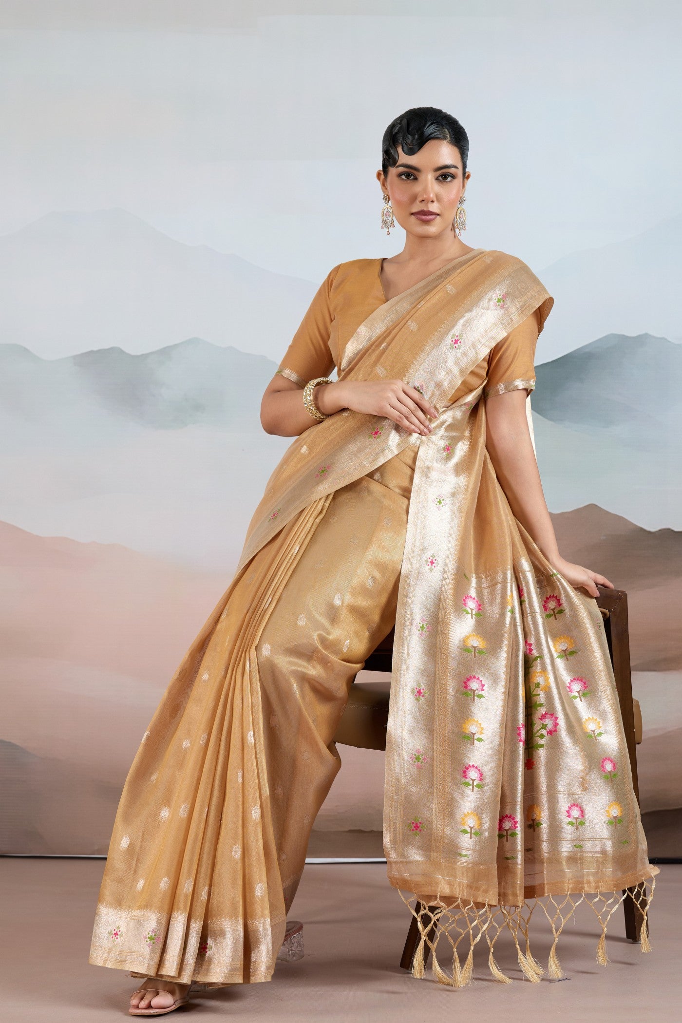 Buy MySilkLove Citrus Orange Zari Woven Tissue Paithani Saree Online