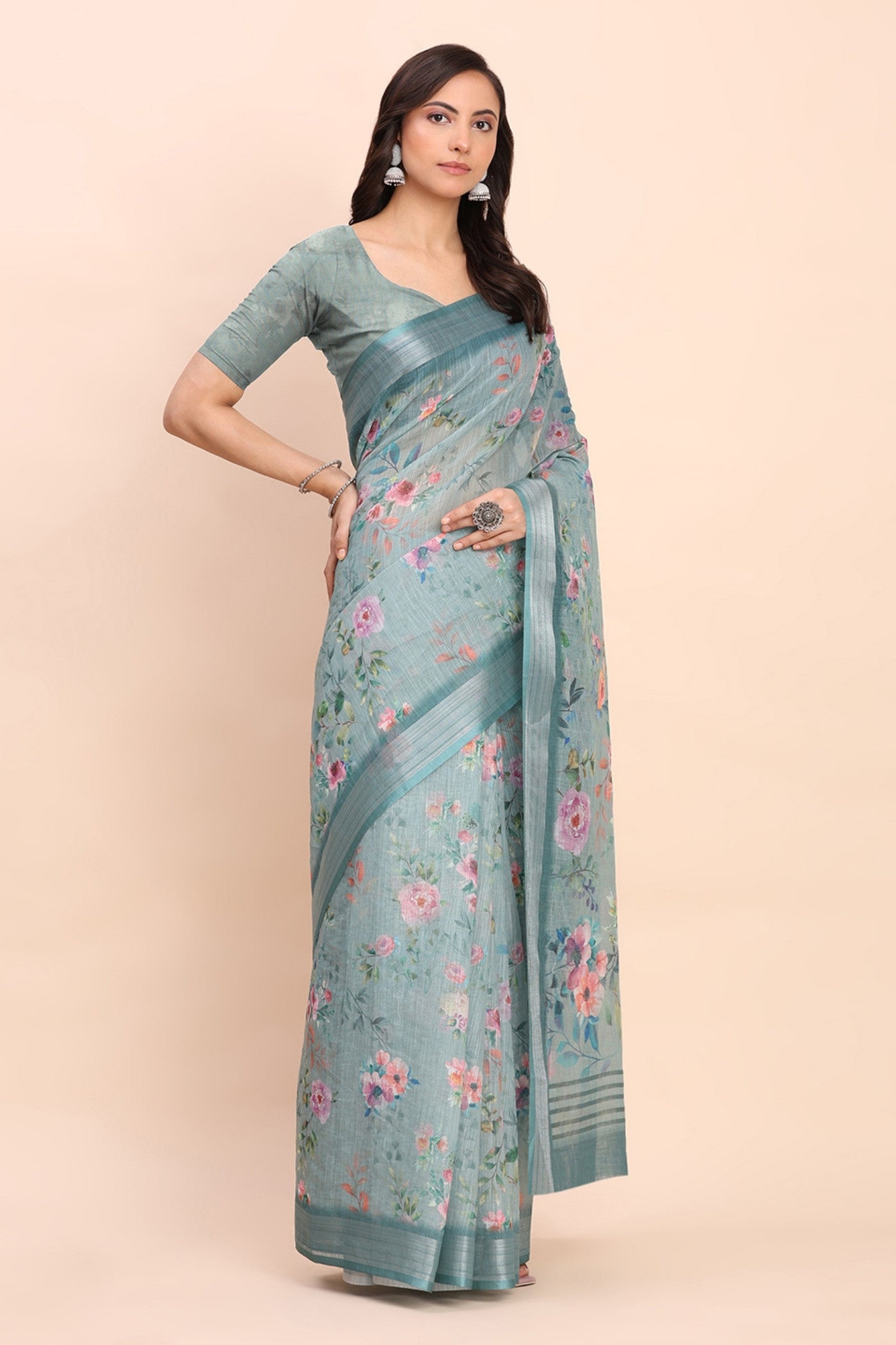 Buy MySilkLove Electric Blue Woven Linen Cotton Saree Online