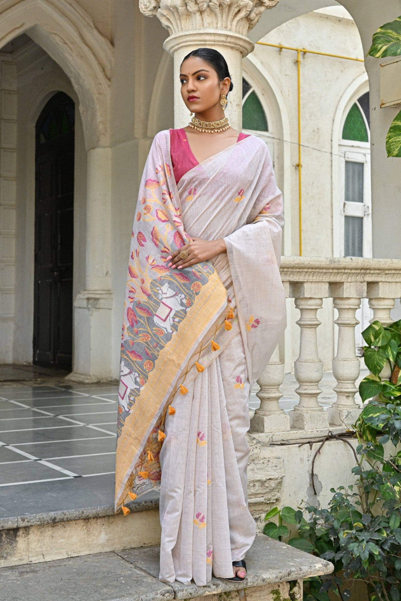 Buy MySilkLove Romance White and Pink Muga Cotton Saree Online
