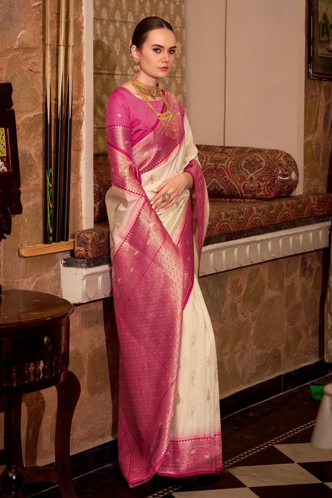 Buy MySilkLove Ivory Cream Woven Banarsi Saree Online