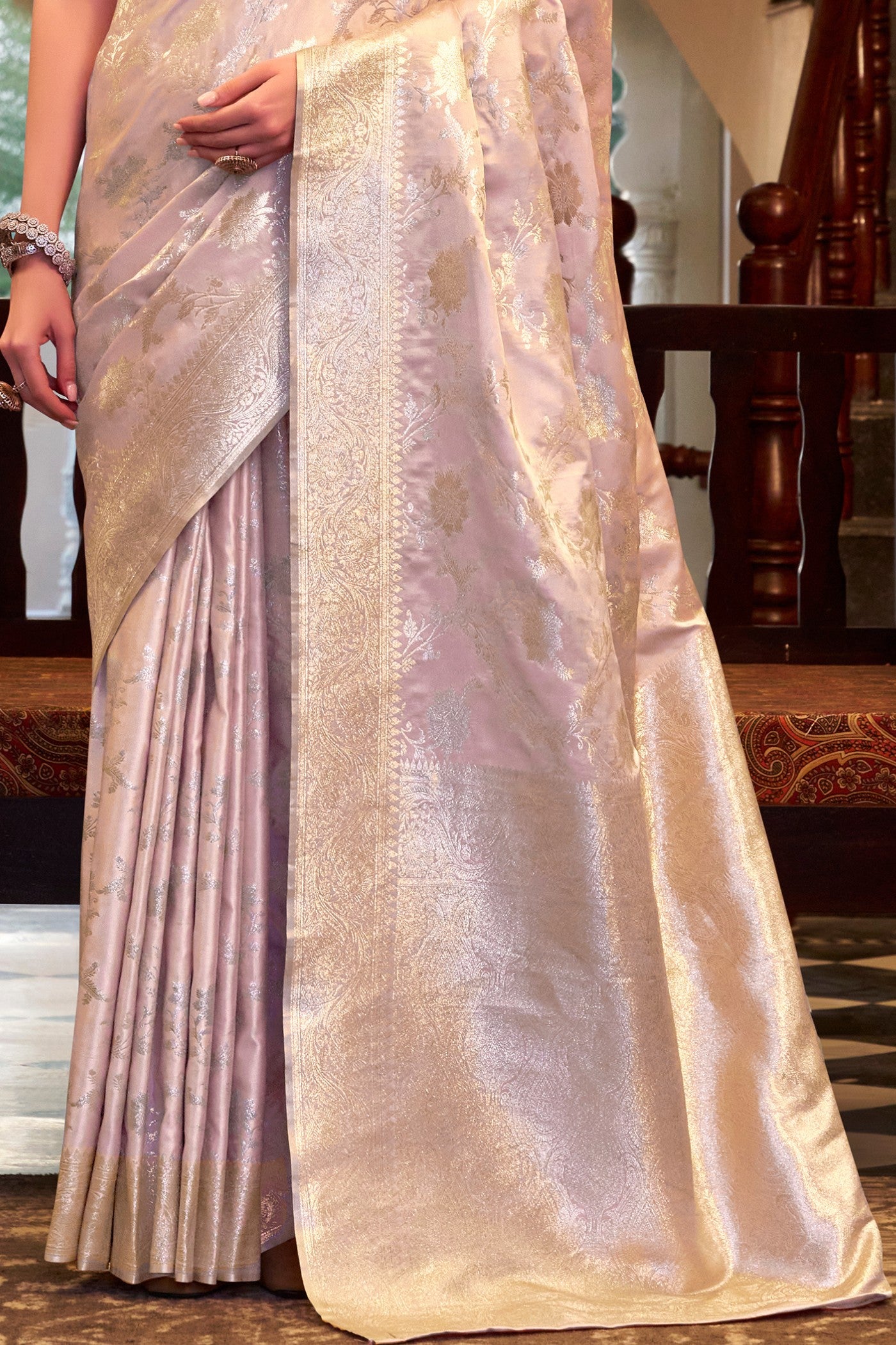 Buy MySilkLove Lilac Purple Woven Banarasi Satin Soft Silk Saree Online