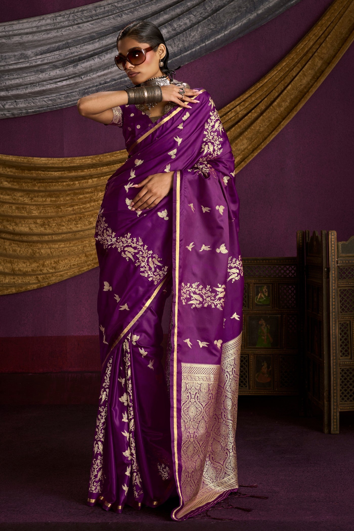 Buy MySilkLove Violet Purple Handloom Satin Silk Saree Online