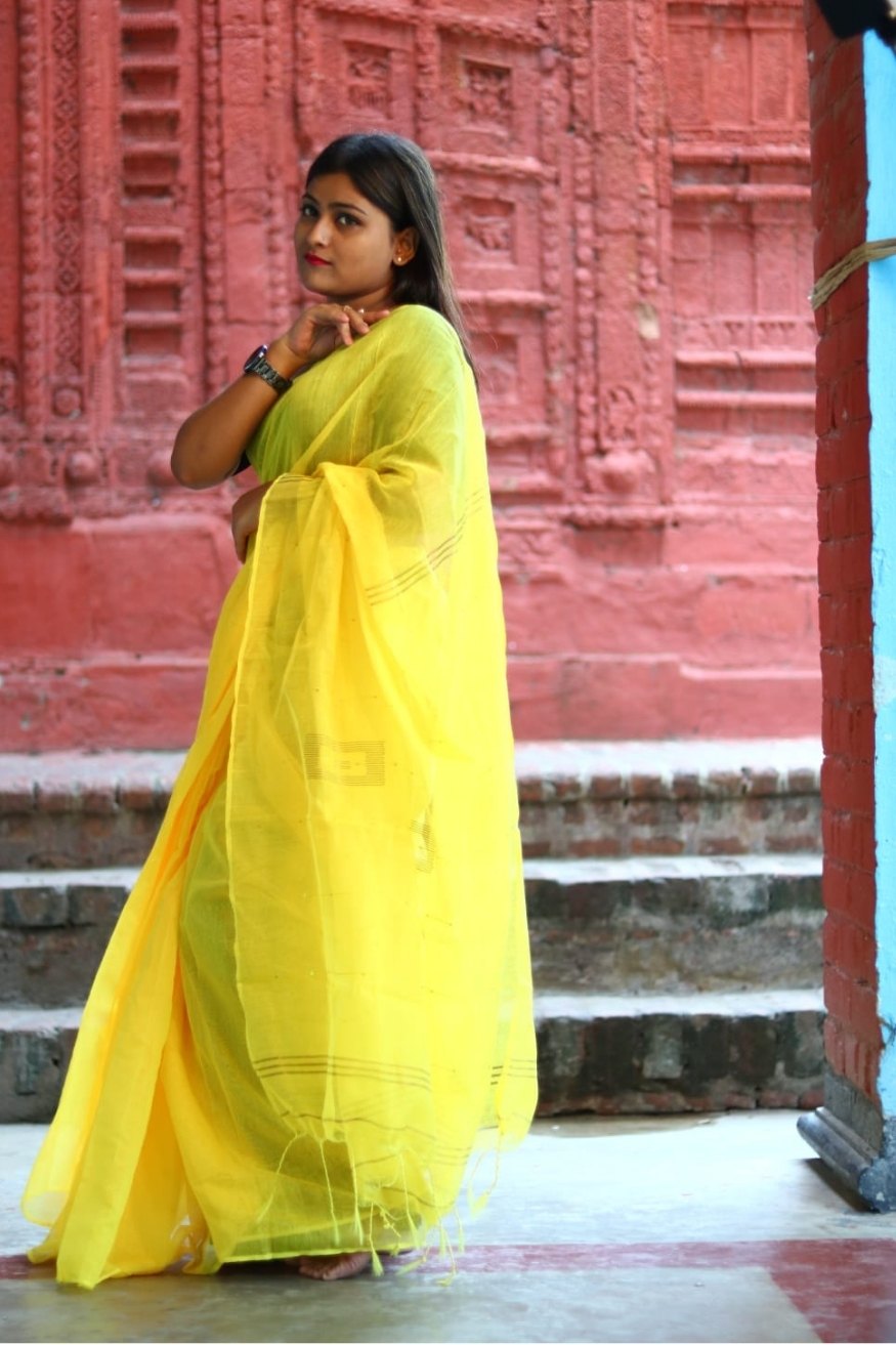 Buy MySilkLove Ripe Lemon Yellow Cotton Sequence Chumki Saree Online