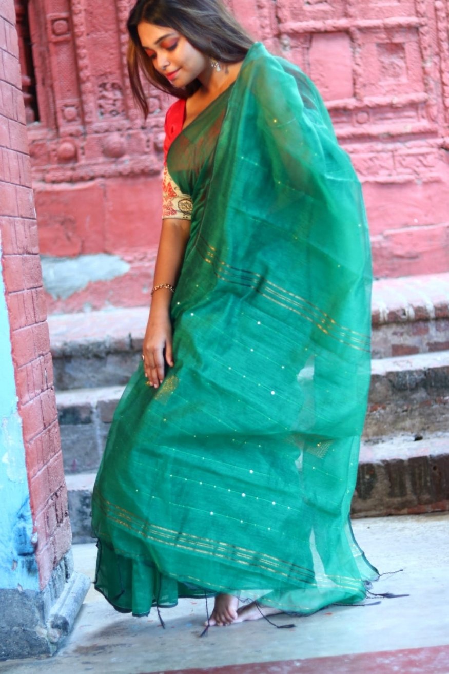 Buy MySilkLove Emerald Green Cotton Sequence Chumki Saree Online