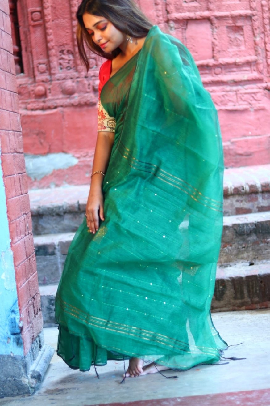 MySilkLove Emerald Green Cotton Sequence Chumki Saree